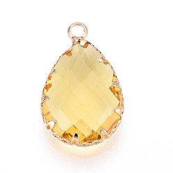 Золотистый Прозрачные стеклянные подвески, слеза, с латунной кромкой, граненые, золотые, 22~22.5x13.5~14x5~6 мм, отверстие : 2~2.2 мм