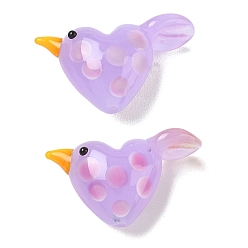 Lilas Perles lampwork, perles au chalumeau, faits à la main, cœur avec oiseau et pois, lilas, 16x27.5x10.5mm, Trou: 1.2mm