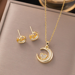 Луна Комплекты из серег-гвоздиков и ожерелий с подвесками из латуни с микропаве из прозрачных кубических цирконий, золотые, луна, 450 мм, Кулон : 15x19 мм, Серьги: 10 mm