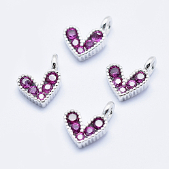 Real Platinum Plated Brass Micro Pave Cubic Zirconia Charms, Long-Lasting Plated, Lead Free & Nickel Free & Cadmium Free, Heart, Hot Pink, Real Platinum Plated, 9.5x6.5x2mm, Hole: 1mm