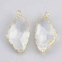 Real 18K Gold Plated Brass Glass Pendants, Faceted, Polygon, Clear, Real 18K Gold Plated, 31.5x16.5x7mm, Hole: 2mm