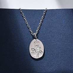 Платина 925 Женские ожерелья с подвеской в виде овала из стерлингового серебра с гравировкой в виде цветка розы, родий, платина, 16.26 дюйм (41.3 см)