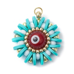 Темно-бирюзовый Круглые подвески из полимерной глины и стекла ручной работы с эффектом сглаза, темные бирюзовый, 25.5x23x8 мм, отверстие : 2.5 мм