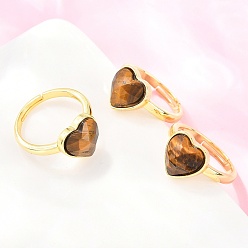 Тигровый глаз Кольца на палец из натурального тигрового глаза с латунной фурнитурой, сердце, граненые, стойки покрытие, золотые, 17 мм