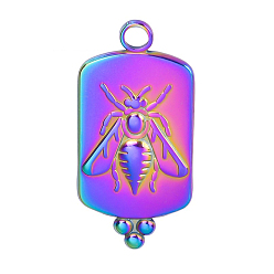 Rainbow Color 201 Stainless Steel Pendants, Rectangle with Bees Charms, Rainbow Color, 29x14x2mm, Hole: 2.5mm