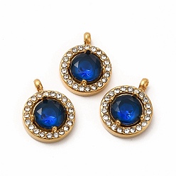Azul Medio Recubrimiento al vacío de PVD 304 Colgantes de circonita cúbica de acero inoxidable, con diamante de imitación, encantos planas redondas, azul medio, 13x10.5x4 mm, agujero: 1.8 mm