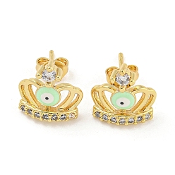 Light Green Crown with Evil Eye Real 18K Gold Plated Brass Stud Earrings, with Enamel and Clear Cubic Zirconia, Light Green, 12x11mm