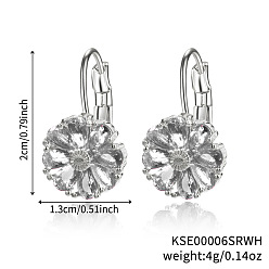 Белый Серьги-кольца из латуни с цветком, с кубического циркония, серебряные, белые, 20x13 мм