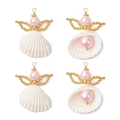Pink Подвески из моллюсков, ангел, со стеклянными бусинами и петлями из медной проволоки, реальный 18 k позолоченный, розовые, 37~40.5x31.5x12 мм, отверстие : 1.8 мм