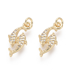 Золотой Латунные подвески, с прозрачным кубическим цирконием и прыжковыми кольцами, дельфин, золотые, 17x8x2 мм, отверстие : 2 мм