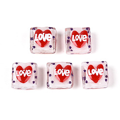 (404) Непрозрачное AB Кислое яблоко Ручной спрей окрашены бусины бисера, Эмаль стиле, квадрат и сердце, цветочный белый, 15~16.5x14.5~15.5x7~9.5 мм, отверстие : 1.2~1.6 мм