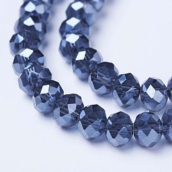 Marine Blue Electroplate Glass Beads Strands, Pearl Luster Plated, Faceted, Rondelle, Marine Blue, 10x8mm, Hole: 1mm, about 65~66pcs/strand, 20.8~21.2 inch(53~54cm)