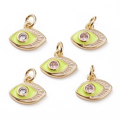 (404) Непрозрачное AB Кислое яблоко Латунные микропаве прозрачные кубические циркониевые подвески, с эмалью, с прыжковых колец, глаз, реальный 18 k позолоченный, цветочный белый, 10x12x3 мм, Перейти кольцо: 5x1 мм, 3 мм внутренним диаметром