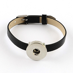 Black Imitation Leather Snap Cord Bracelet Making, with Platinum Tone Brass Snap Buttons, Findings and Watch Band Clasps, Black, 215x7.5mm, Fit snap button in 5~6mm knob