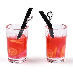 Оранжево-Красный Пластиковые подвески с имитацией напитков, Подвески из стекла для сока со смолой внутри и железными петлями с платиновым покрытием, оранжево-красный, 26~30x13~15x11 мм, отверстие : 1.8 мм