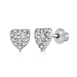 Clear Rhodium Plated 925 Sterling Silver Micro Pave Cubic Zirconia Heart Stud Earrings for Woman, Real Platinum Plated, Clear, 5x6mm