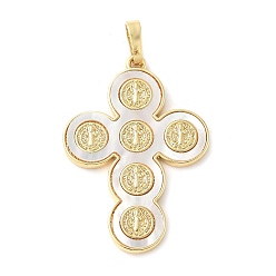 Настоящее золото 18K Подвески из латуни с натуральными белыми ракушками, религия крест прелести, долговечный, без свинца и без кадмия, стойки покрытие, реальный 18 k позолоченный, 32.5x23x2 мм, отверстие : 3.5x6 мм
