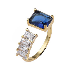 Темно-Синий Прямоугольное открытое кольцо-манжета из кубического циркония, настоящие позолоченные украшения из латуни для женщин, без никеля , темно-синий, размер США 18 6 (1/4 мм)