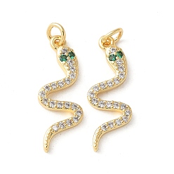 Зеленый Латунные микропаве прозрачные подвески с фианитом, змеиные чары, с эмалью, без кадмия и без свинца, долговечный, стойки покрытие, с целью перехода в кольце, зелёные, 20.5x7.5x2 мм, отверстие : 2.5 мм