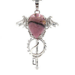 Rhodonite Natural Rhodonite Pendants, with Platinum Plated Brass Findings, Wing with Key Charms, 47x32x11mm