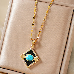 Золотой Винтажные латунные ожерелья с подвесками в виде ромба из синтетической бирюзы и прозрачных кубических цирконий, с черной эмалью, золотые, 15.75 дюйм (40 см)