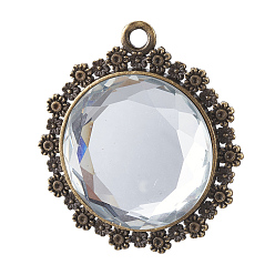 Antique Bronze Alloy Glass Pendants, Faceted, Nickel Free, Flat Round with Flower, Antique Bronze, 45.5x41.5x6.5mm, Hole: 3mm