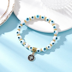 Белый Браслеты с подвесками из сплава с эмалью и плоскими круглыми крестами, Комплекты браслетов ручной работы из бисера и бусин от сглаза для мужчин и женщин, золотой свет, белые, внутренний диаметр: 2-3/8 дюйм (5.9 см)