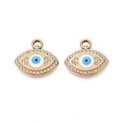 Белый 304 из нержавеющей стали горный хрусталь подвески, Злые чары глаз, с эмалью, вакуумное покрытие pvd, реальный 18 k позолоченный, белые, 19x20.5x3~3.5 мм, отверстие : 2x3 мм