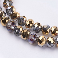 Gold Electroplate Glass Faceted Rondelle Beads Strands,  Half Golden Plated, Gold, 10x8mm, Hole: 1mm, about 63~65pcs/strand, 19.2~20 inch(48~50cm)