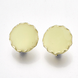 Lemon Chiffon Alloy Stud Earring Findings, with Steel Pins and Enamel, with Loop, Flat Round, Light Gold, Lemon Chiffon, 19x19mm, Hole: 4mm, Pin: 0.7mm