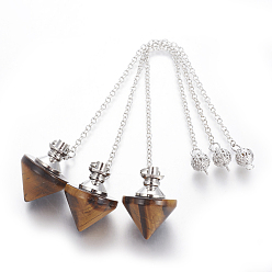 Тигровый глаз Биолокационные маятники с конусом тигрового глаза, с латунными выводами и цепочкой из сплава, платина, 210~216x2.5 мм, отверстие : 1.4~1.9x1.6~2 мм