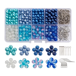 Blau DIY Crackle und Pearl Glasperlen Ohrring-Herstellungsset, einschließlich Einbrennfarbe und Glasperlen, eiserne Ohrhaken & Stift, Blau, Glasperlen: 6~7mm, Bohrung: 1~1.6 mm, 420~460 Stück / Karton