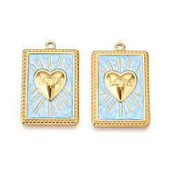 Светло-Голубой 304 подвески из нержавеющей стали, с эмалью, прямоугольник с сердечком и надписью «любовь», ионное покрытие (ip), реальный 18 k позолоченный, Небесно-голубой, 28x18x3 мм, отверстие : 1.4~1.5 мм