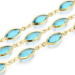 Темно-бирюзовый Латунные овальные звенья цепи, со стеклом, пайки, с катушкой, долговечный, золотые, темные бирюзовый, 16.5x6x2~2.5 мм, около 32.81 футов (10 м) / рулон