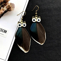 Camel Alloy Enamel Dangle Earrings for Women, Owl, with Feather, Camel, 58x25mm