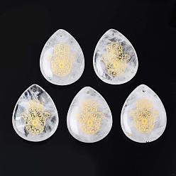 Хрусталь Природного кварца хрустальных подвесок, подвески из горного хрусталя, слеза с узором в виде руки хамса, 32~33.5x25~26x6.5~7.5 мм, отверстие : 2 мм, 6 шт / пакет