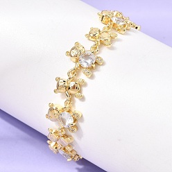 Белый Латунные браслеты-цепочки с микропаве из кубического циркония для женщин, медведь, со стеклом, стойки покрытие, долговечный, реальный 18 k позолоченный, без кадмия и без свинца, белые, 7.09 дюйм (18 см)