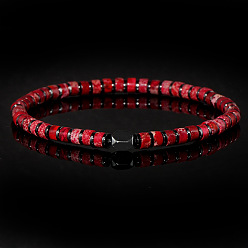 Красный Мужские эластичные браслеты из окрашенной натуральной императорской яшмы и синтетических немагнитных гематитовых бусин., плоско-круглые, красные, регулируемый