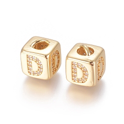 Letter D Brass Micro Pave Cubic Zirconia Beads, Long-Lasting Plated, Cube with Letter, Clear, Golden, Letter.D, 10x8x8.5mm, Hole: 1.5x3.5mm and 4mm