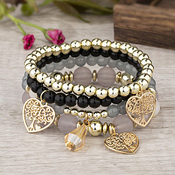Черный Наборы браслетов из акрила и стеклянных бусин, Браслеты в стиле бохо с подвесками в виде сердца для женщин, чёрные, 7-1/8 дюйм (18 см)