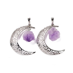 Аметист Природный аметист самородки подвески, Луна прелести, латунная фурнитура с платиновым покрытием, 38.5~40x27~28x2 мм, отверстие : 7x5 мм