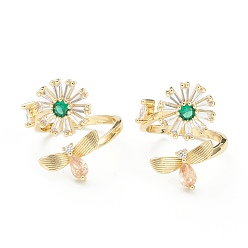 Настоящее золото 18K Латунные микро проложить манжеты кольца кубического циркония, открытые кольца, долговечный, цветок, красочный, реальный 18 k позолоченный, 2~25 мм, внутренний диаметр: 18 мм