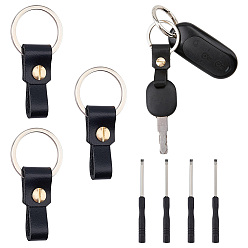 Black 4Pcs Rectangle Cowhide & Iron Keychains, with Screwdriver & Split Key Rings, Black, 41x15.5x8mm