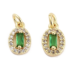 Green Brass Micro Pave Cubic Zirconia Charms, with Jump Ring, Oval, Real 18K Gold Plated, Green, 10x6.5x3.5mm, Hole: 2mm
