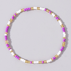 Orchid Boho Round Glass Seed Beaded Stretch Bracelets for Women, Orchid, 6.89 inch(17.5cm)