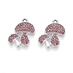 Розовый Подвески из сплава со стразами, гриб, без кадмия, без никеля и без свинца, платина, светло-розовый, 19x15.5x2.5 мм, отверстие : 1.6 мм