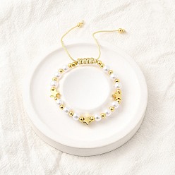 Настоящее золото 18K АБС искусственный жемчуг бусины плетеные браслеты из бисера для женщин, с латунными звездчатыми бусинами, реальный 18 k позолоченный, внутренний диаметр: 1-7/8 дюйм (4.8 см) ~ 3 дюйм (7.6 см)