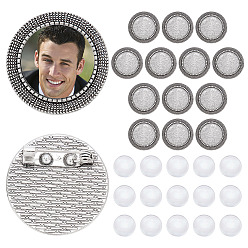Antique Silver 15Pcs Vintage Alloy Brooch Cabochon Bezel Settings, Cadmium Free & Lead Free, with Iron Pin Back Bar Findings, Flat Round, with 15Pcs Transparent Glass Cabochons, Antique Silver, Flat Round Tray: 20mm, 28x2mm, Pin: 0.8mm