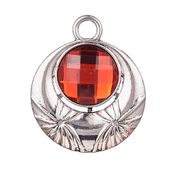 Antique Silver Alloy Colorful Glass Pendants, Faceted, Flat Round, Red, Antique Silver, 69x58x13mm, Hole: 9mm