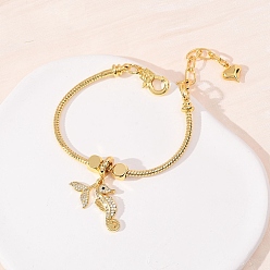 Настоящее золото 18K Браслеты с подвесками в виде морского конька из латуни, украшенные микропаве из прозрачных кубических цирконий., латунные браслеты-змейки для женщин, реальный 18 k позолоченный, 6.73 дюйм (17.1 см), Кулон : 35x13 мм